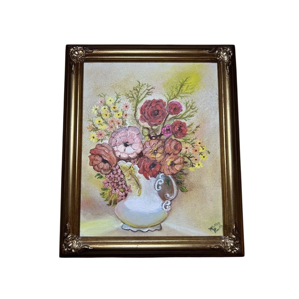 Vintage Oil‎ Painting Floral flowers White Vase Gold Wooden Frame 11.5x9.5"